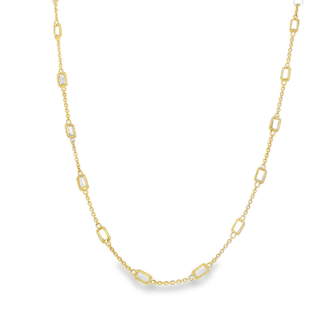18K Yellow Gold Station Necklace With Emerald Cut White Topaz - 36"