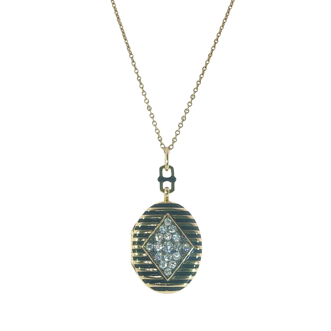 Special Edition 18K Yellow Gold Oval Black Enamel Stripe Locket With Diamonds - 18"