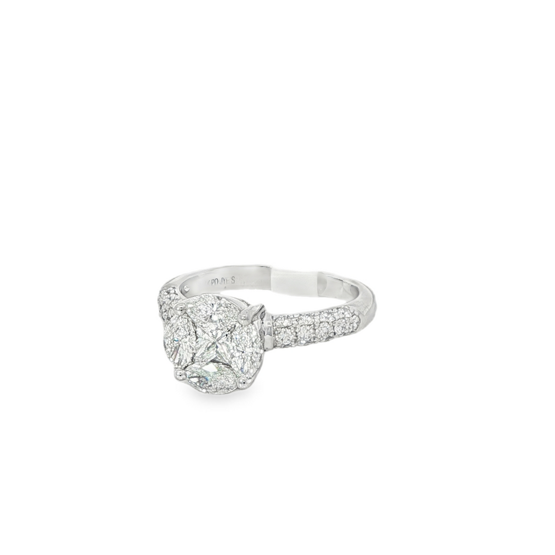 White Gold And Diamond Cluster Ring With Marquise Diamonds - Size 6.5