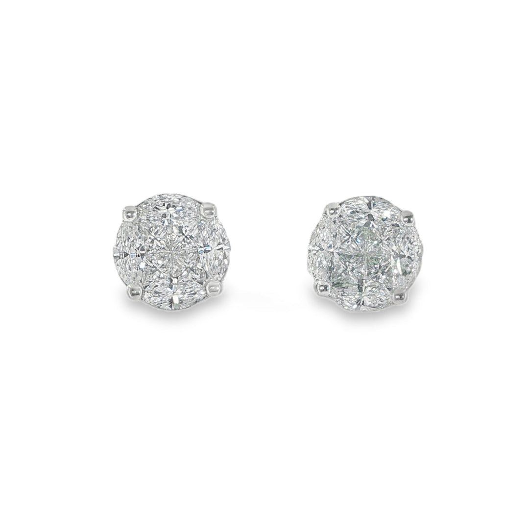 18K White Gold Illusion Set Diamond Cluster Stud Earrings