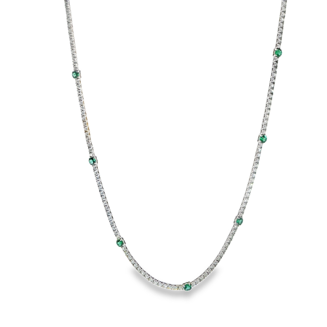 18K White Gold Straight Line Tennis Necklace With Round Emerald Accents - 16.5"