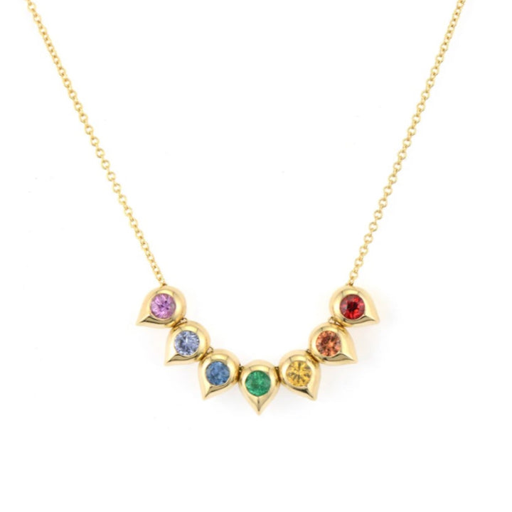 Double Sided 7 Bezel Sliding Teardrop Necklace With Diamonds And Multi-Colored Sapphires
