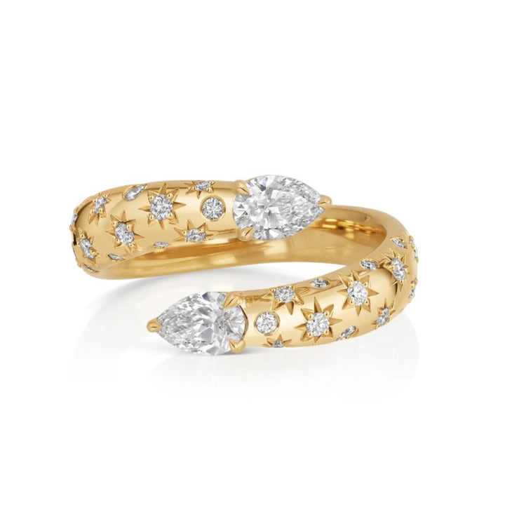 Bypass Ring With Star Set Diamonds And Two Pear Shaped Diamonds - Size 7
