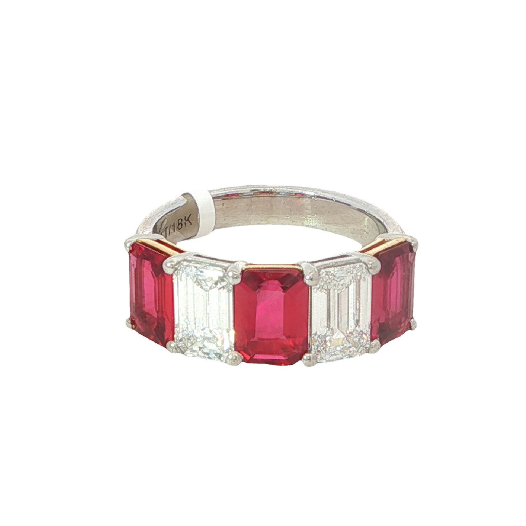 Platinum and Yellow Gold Band With Emerald Cut Rubies and Diamonds - Size 6.5