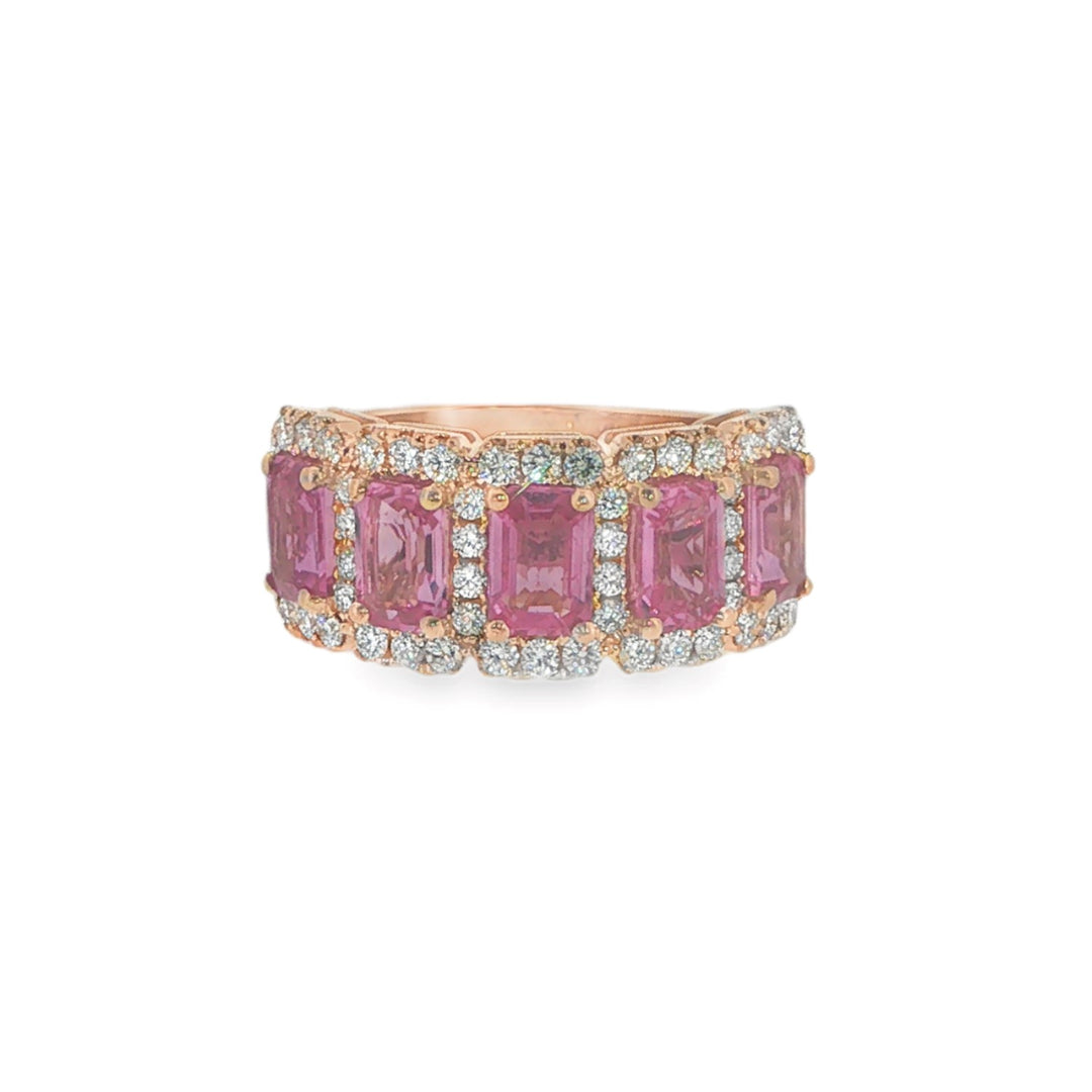 18K Rose Gold Ring With 5 Emerald Cut Pink Sapphires And Diamond Halos - Size 7.25