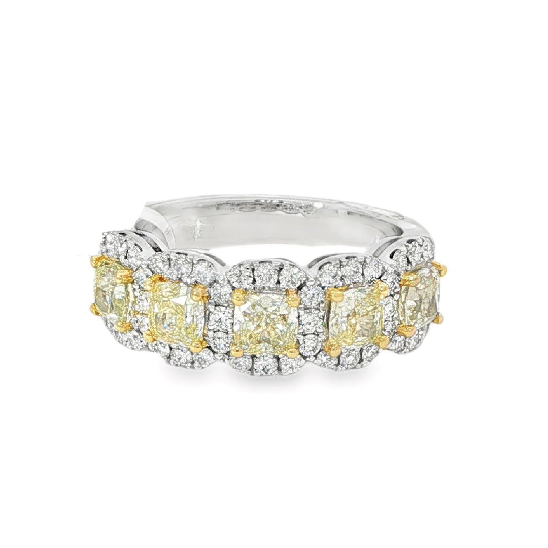 White Gold Band With 5 Fancy Yellow Radiant Diamonds And Diamond Halos - Size 6.5