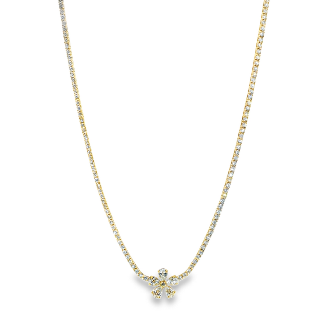 18K Yellow Gold And Diamond Tennis Necklace With A Pear Cut Diamond Flower Pendant - 16.5"