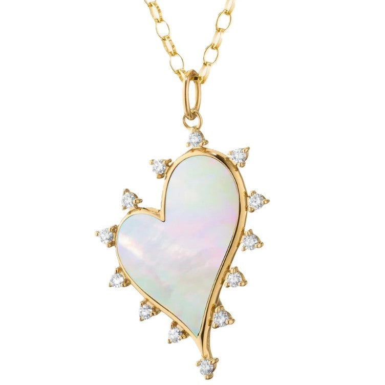 "Love" Heart Necklace With Mother Of Pearl And Diamonds - 17"