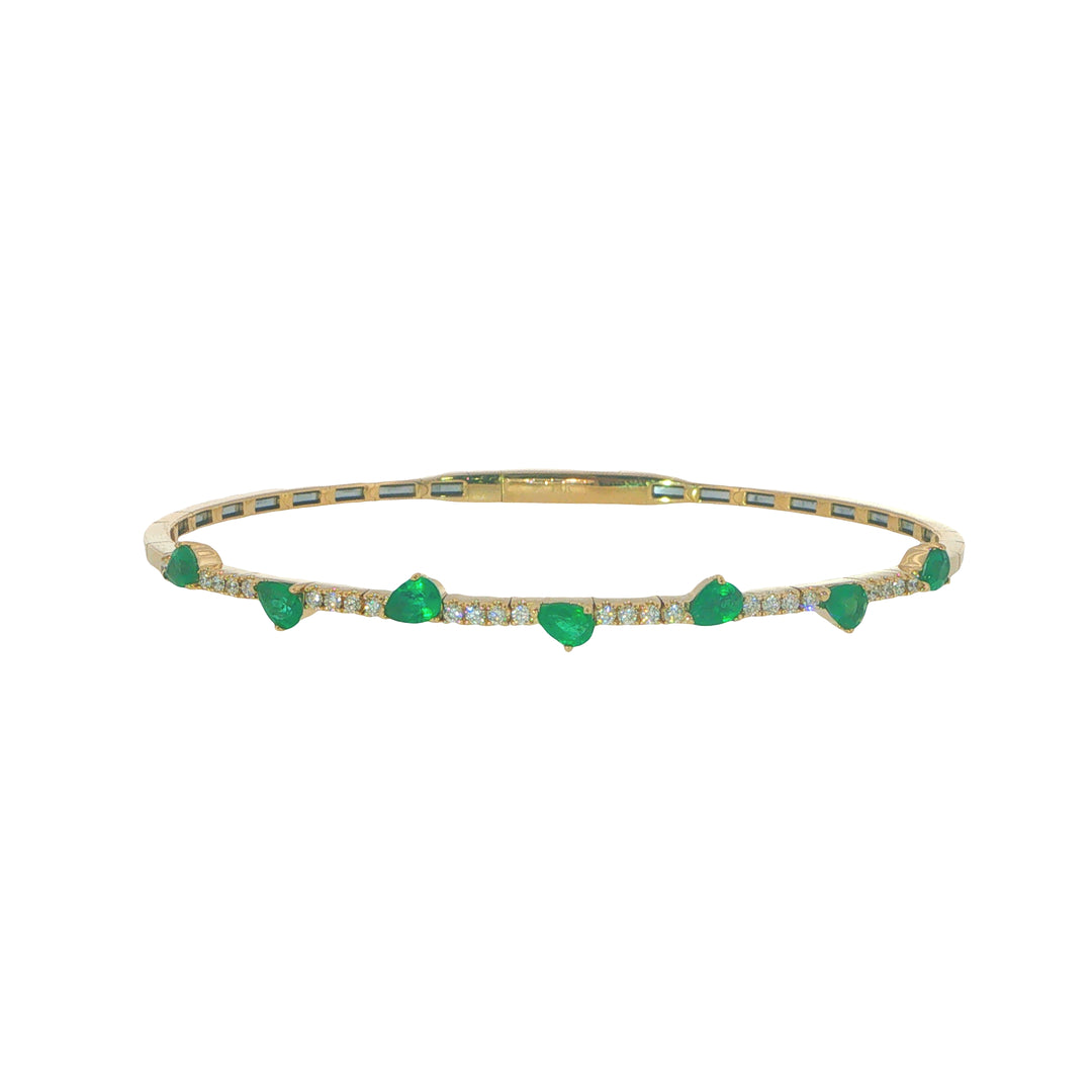 14K Yellow Gold Bangle With Diamonds And Pear Shaped Emerald Stations
