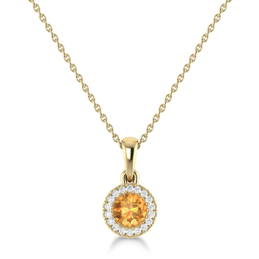 14K Citrine Circle Pendant Necklace With Diamond Halo