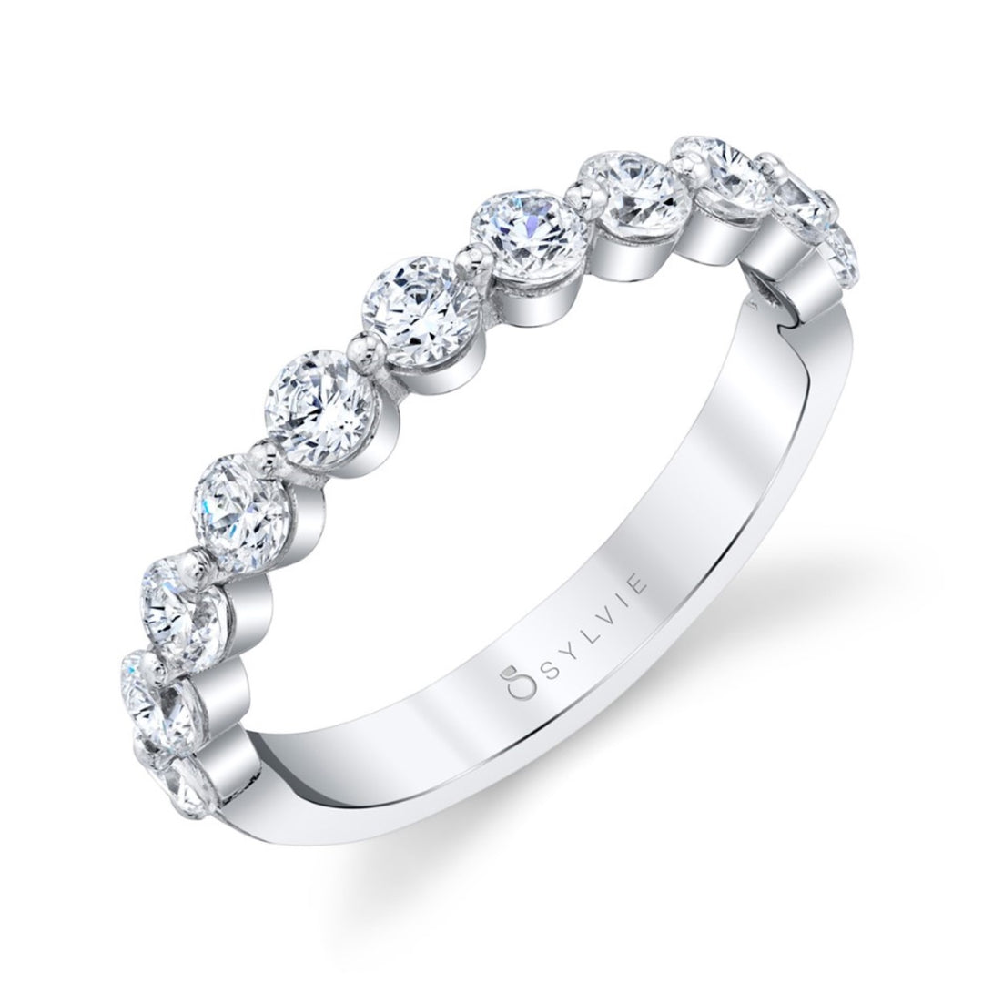 14K White Gold Diamond Band With 11 Round Diamonds - Size 6.5