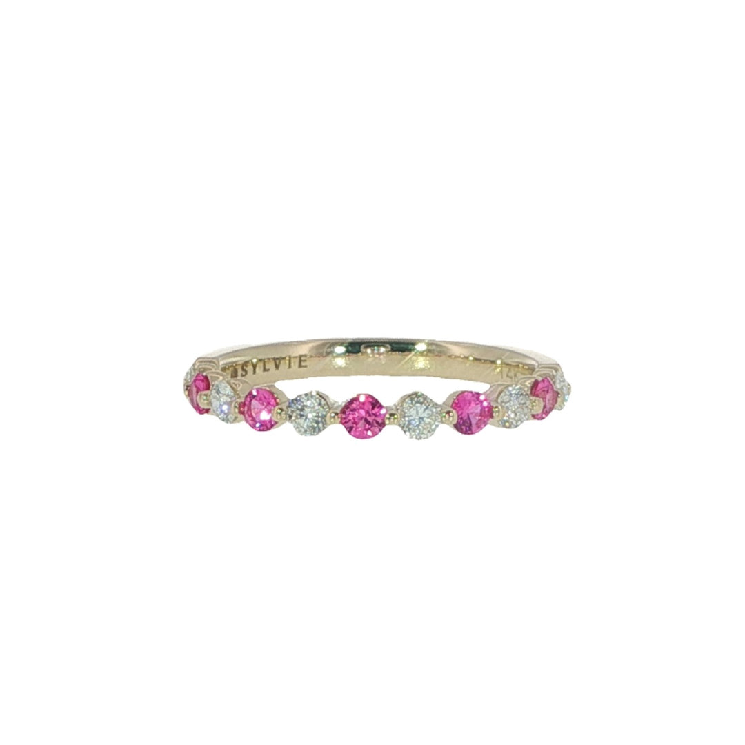 14K Yellow Gold Band With Pink Sapphires And Diamonds Going Halfway Around - Size 6.5