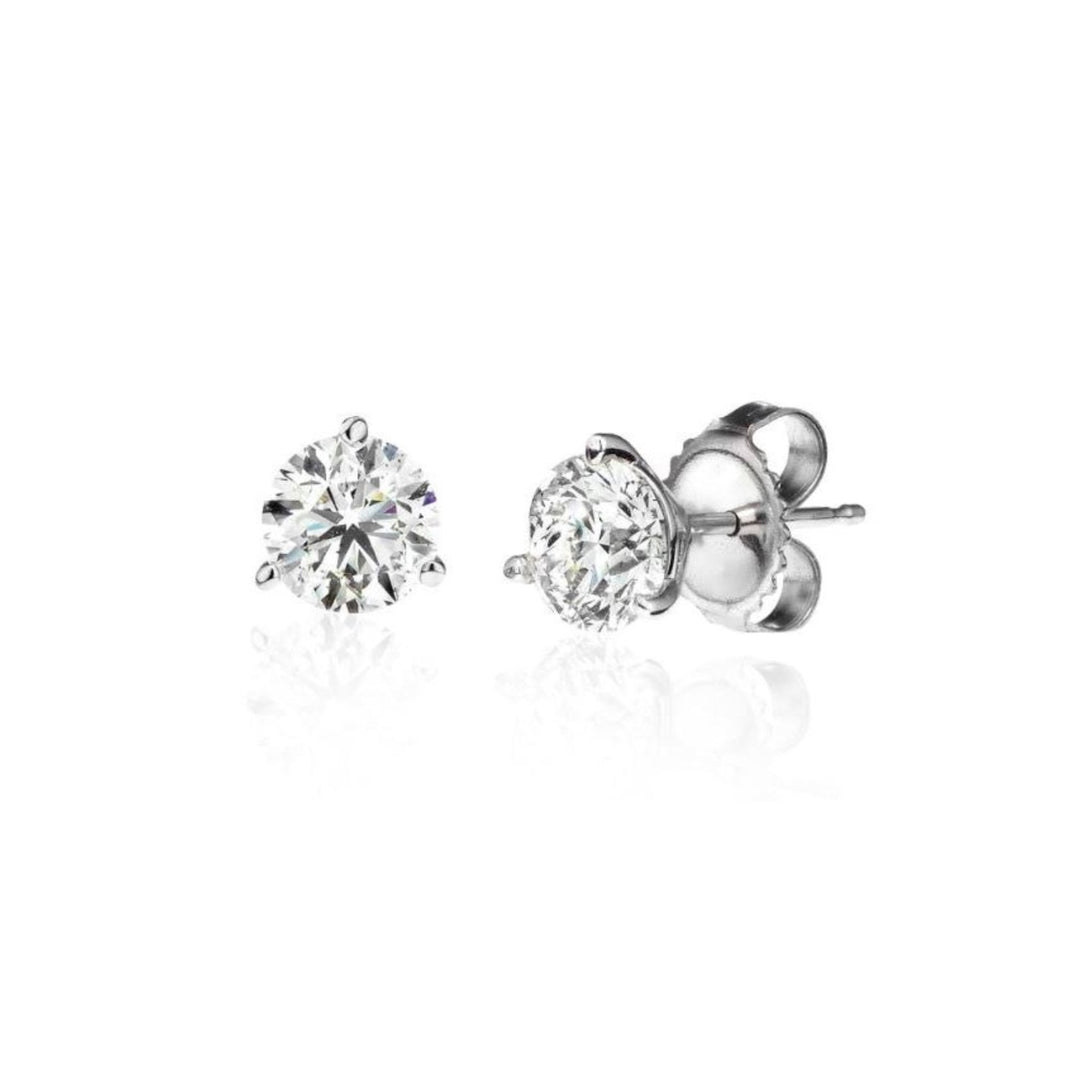 18K White Gold 3 Prong Martini Set Diamond Studs Weighing 0.75cts