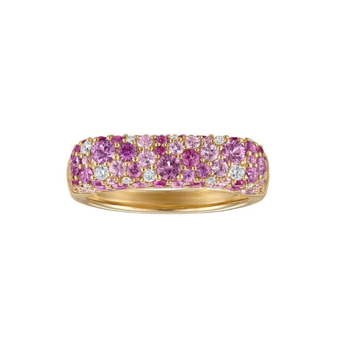 14K Yellow Gold Sparkle Stack Ring with Ombre Pink Sapphires