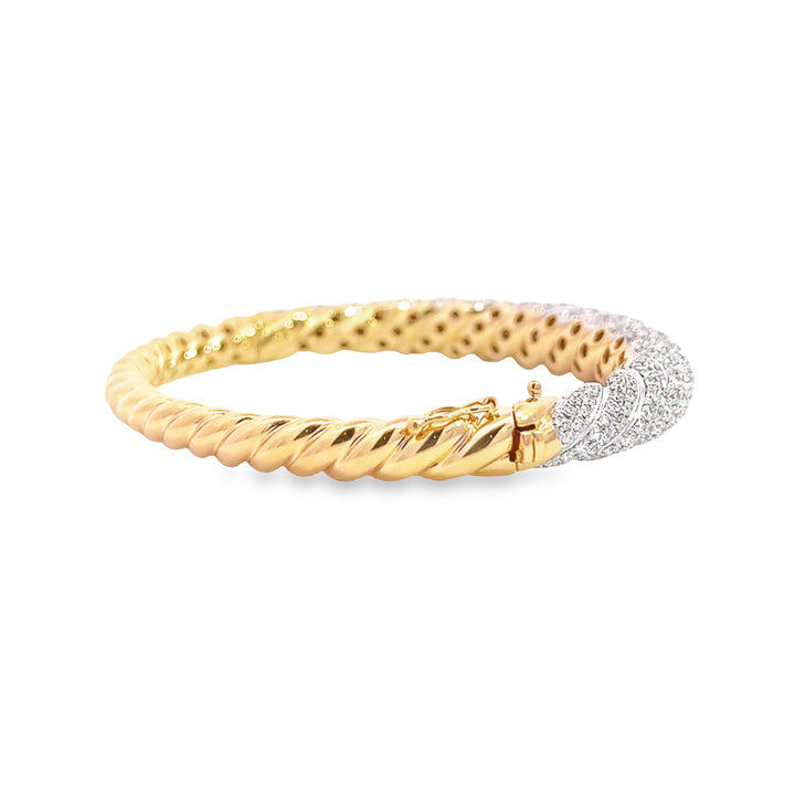 Yellow Gold Bangle With Twisted Metal and Pave White Diamonds
