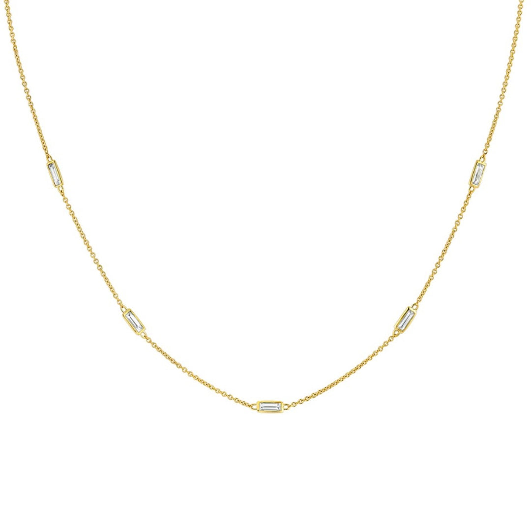 14K Yellow Gold Necklace With 5 Bezel Set Baguette Diamond Stations