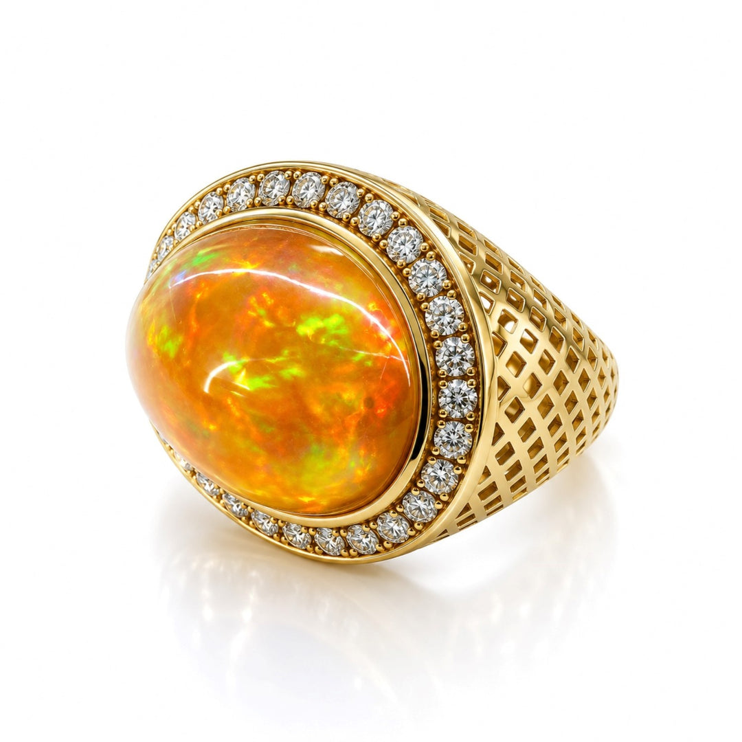 Crownwork Dress Ring With Oval Ethiopian Opal And Pave Diamonds - Size 8