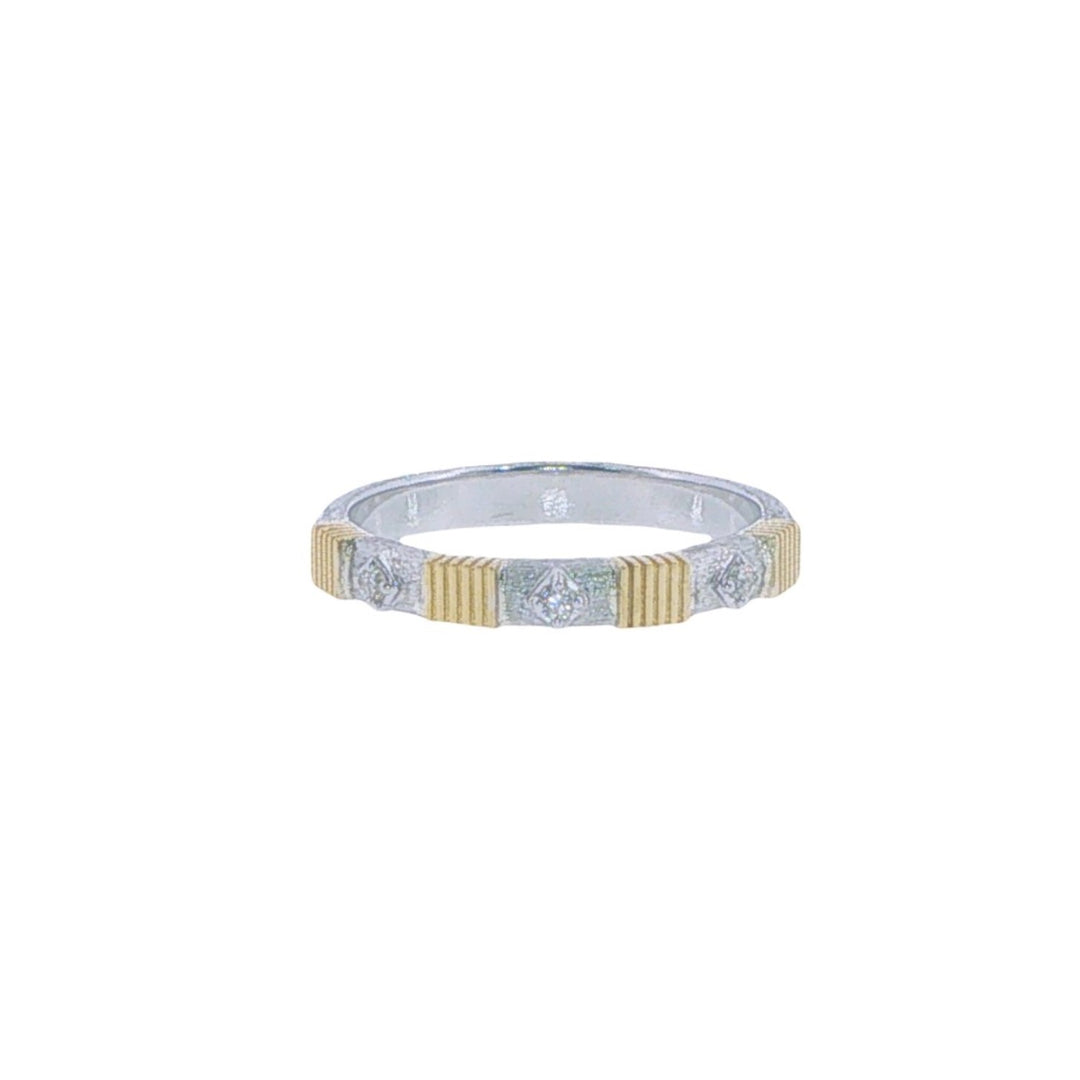 Sterling Silver Bolt Band With Gold Stations And Diamonds - Size 7