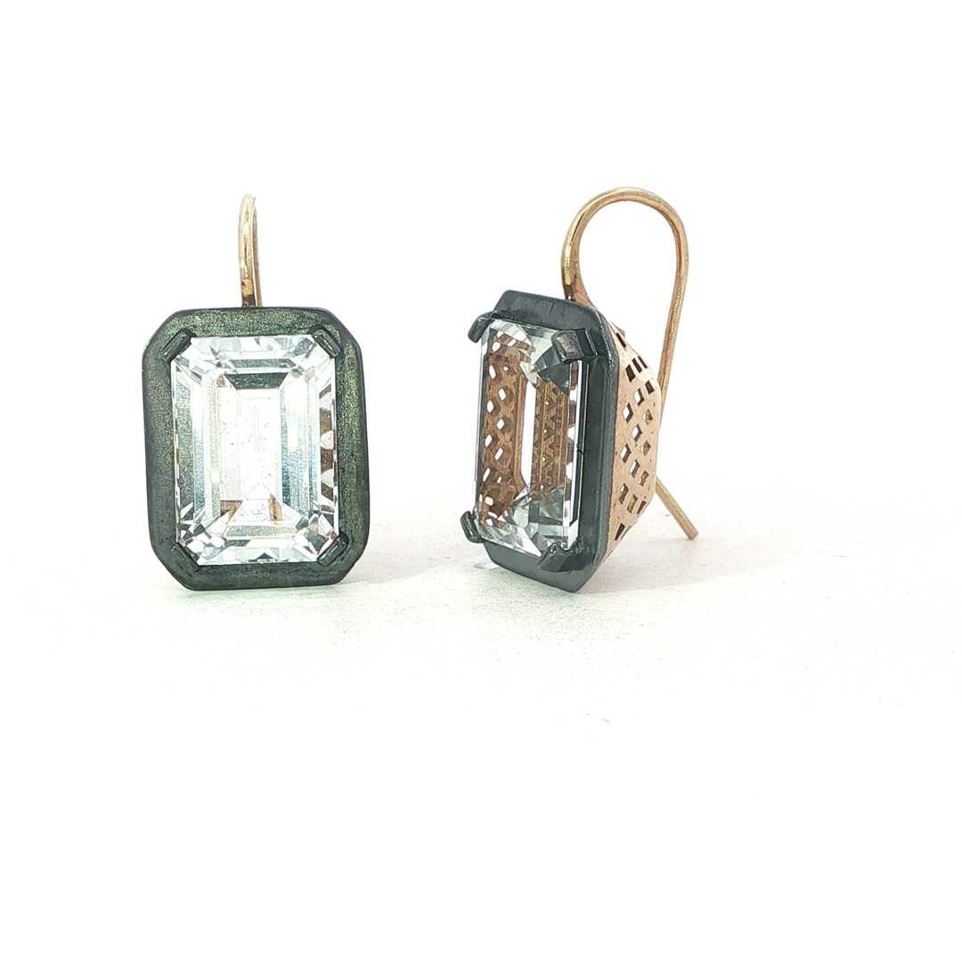 Two Tone Emerald Cut White Topaz Earrings