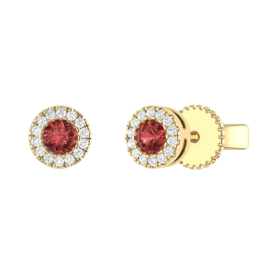Garnet Circle Studs with Diamond Halo