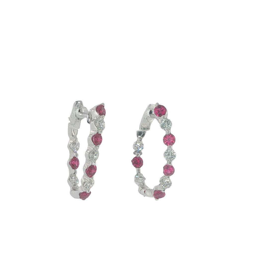 18K White Gold Single Shared Prong Set Diamond And Ruby Hoops