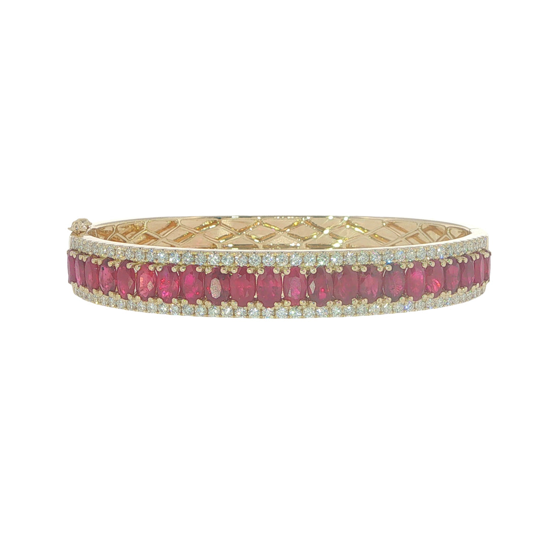 14K Yellow Gold Bangle With Oval Cut Rubies And Pave Diamonds