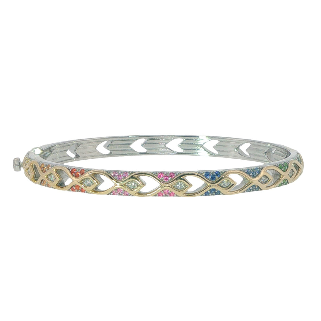 Mixed Metal Rainbow Pave Peacock Bangle With Rainbow Sapphires - 6.5"