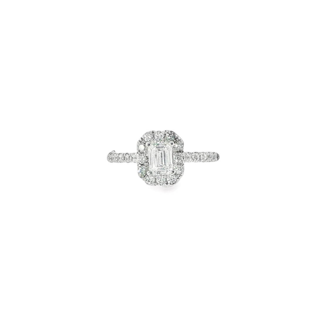 14K White Gold Emerald Cut And Diamond Halo Engagement Ring