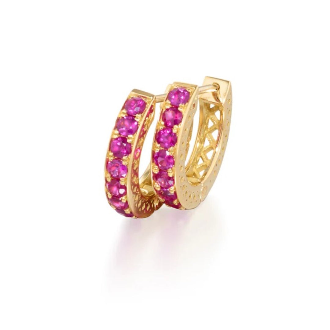 Yellow Gold Crownwork Huggies With Pave Pink Sapphires