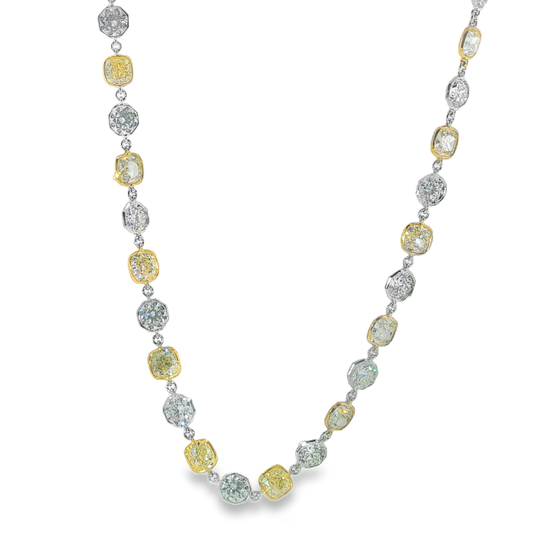 18K White Gold Necklace With Alternating Round White Diamonds And Cushion Cut Yellow Diamonds - 23"