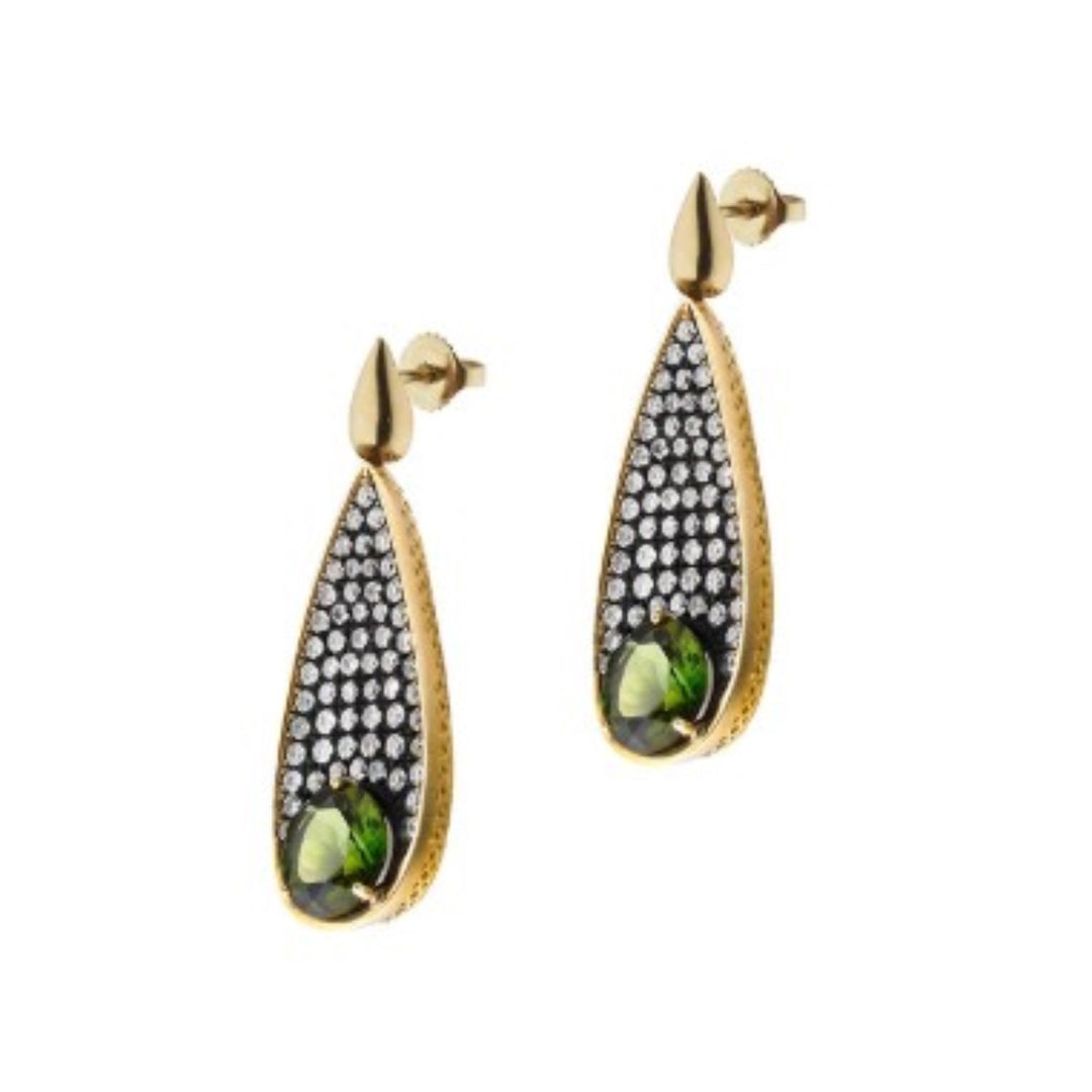 18K Yellow Gold Crownwork Pear Shape Earrings With Green Tourmaline And Diamonds