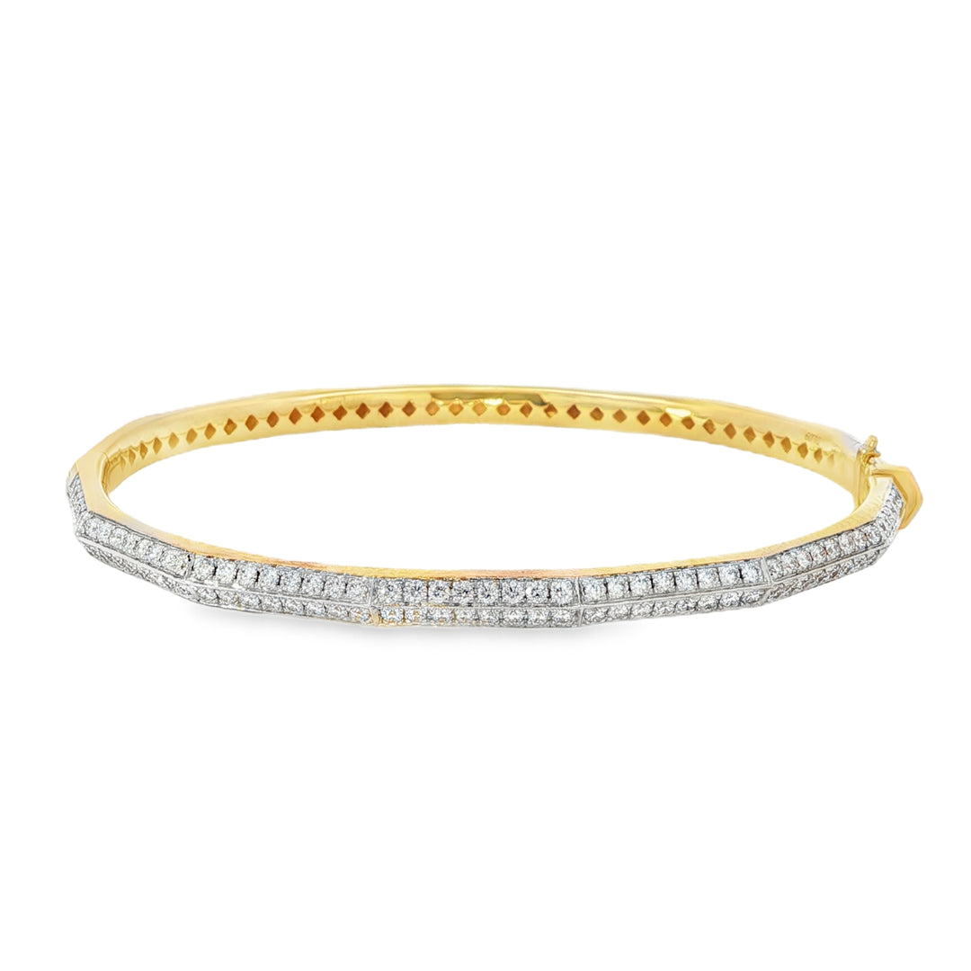 Yellow Gold Angled 2 Row Diamond Bangle Bracelet