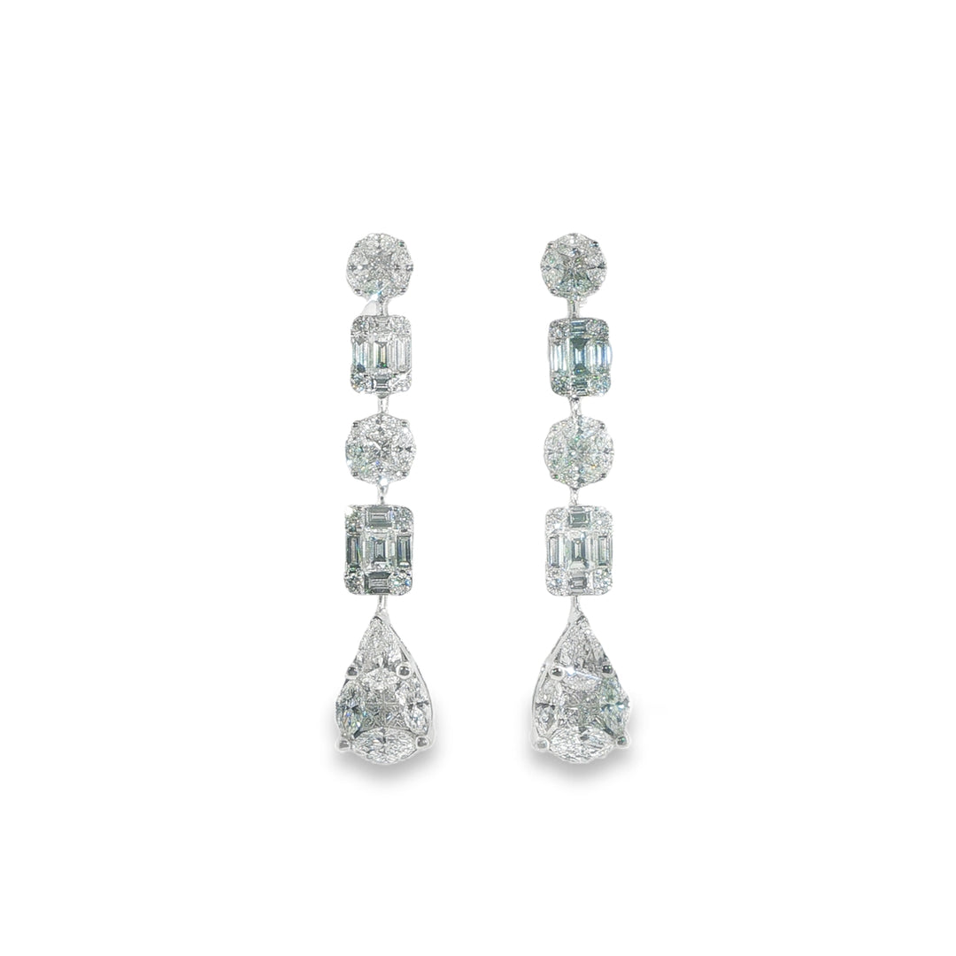 18K White Gold Fancy Shaped Illusion Set Diamond Drop Earrings