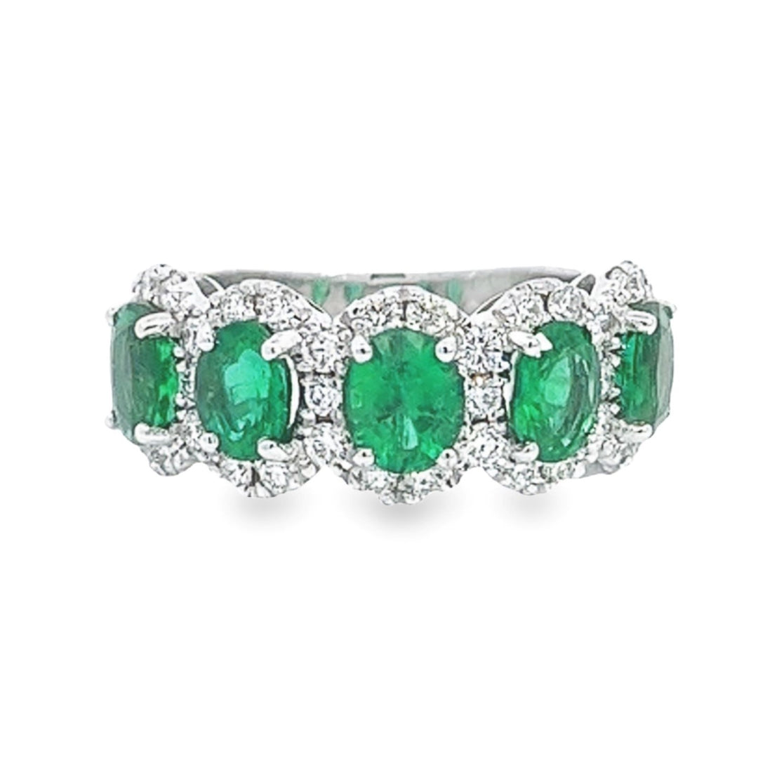 White Gold Ring With 5 Oval Emeralds And Diamond Halos - Size 6.5