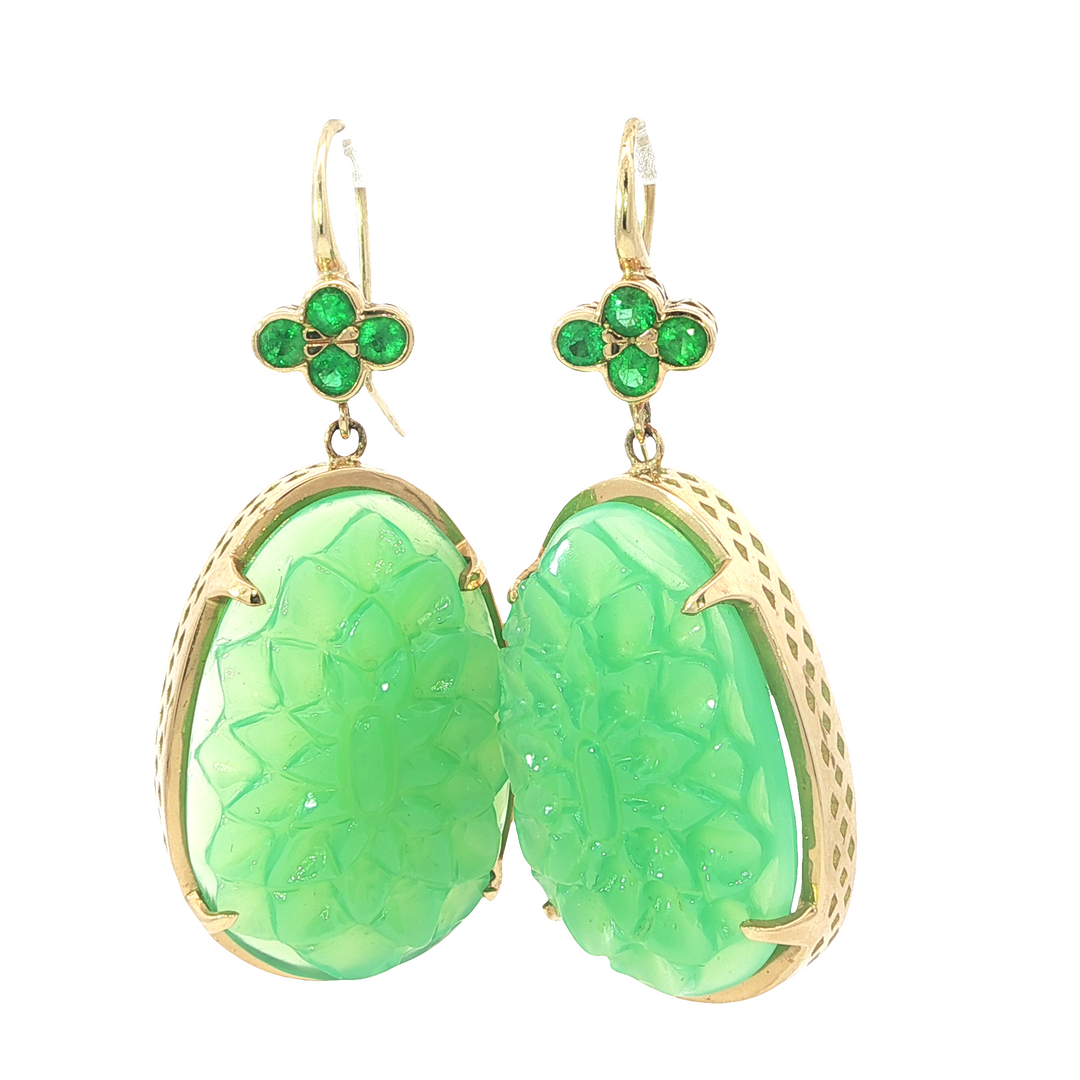 Carved Chrysoprase Drop Earrings With Emeralds