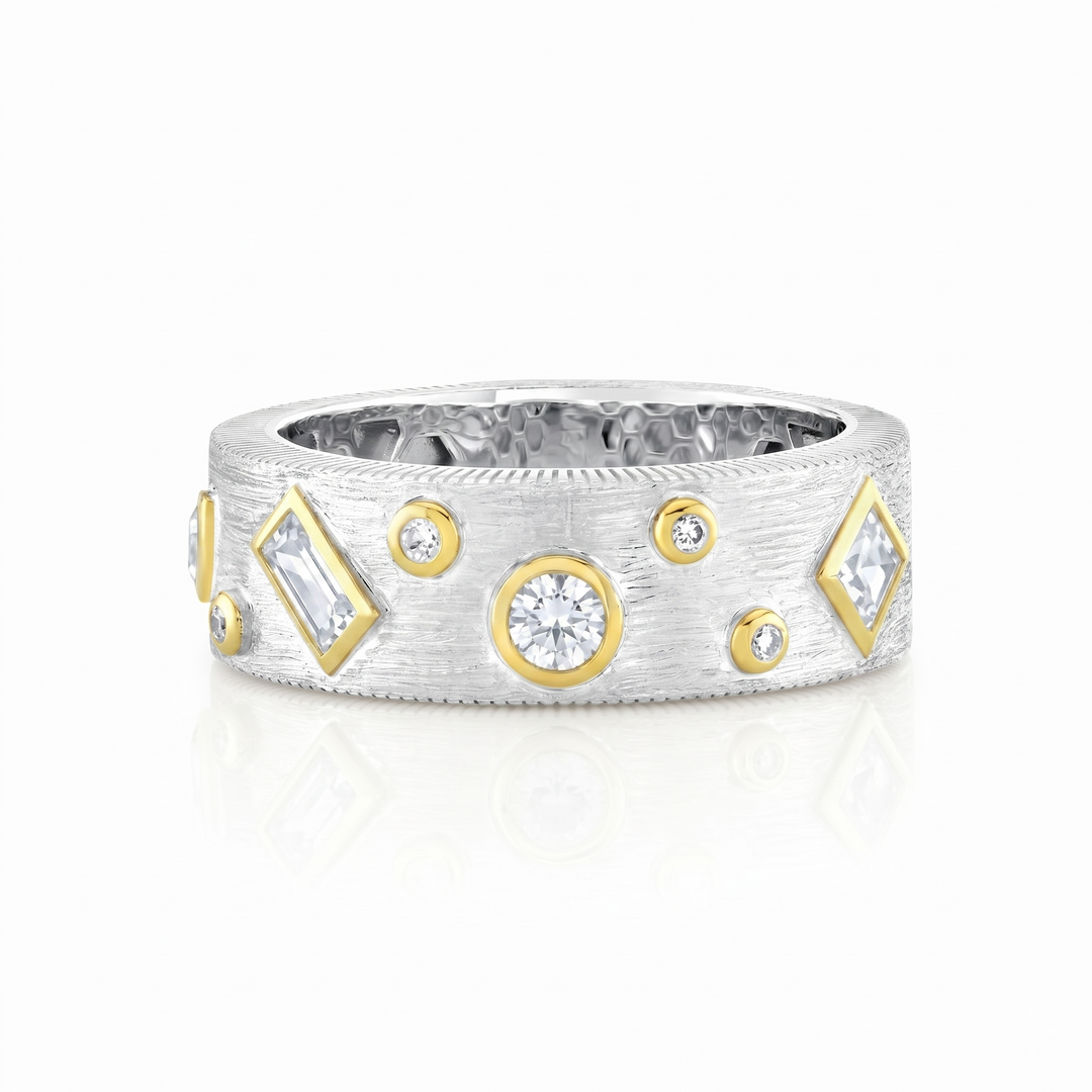 Silver Ring With Gold Bezel Set Mix Shape White Topaz And Diamond Details - Size 7