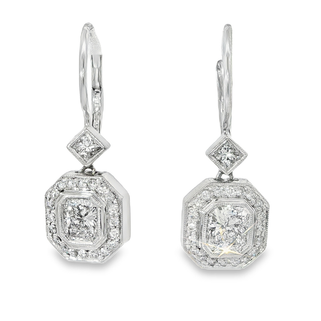 18K White Gold Vintage Inspired Drop Earrings With Radiant Cut Center Stones