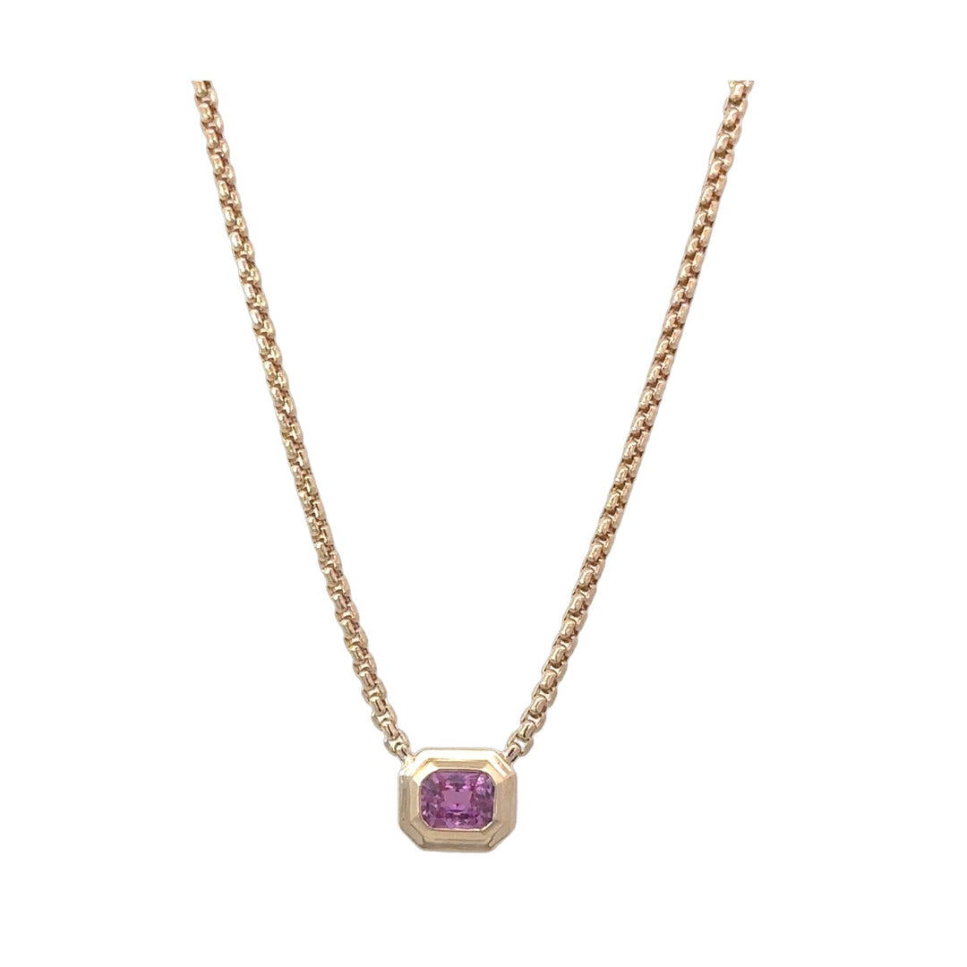 14K Gold Bezel Emerald Cut Pink Sapphire Pendant