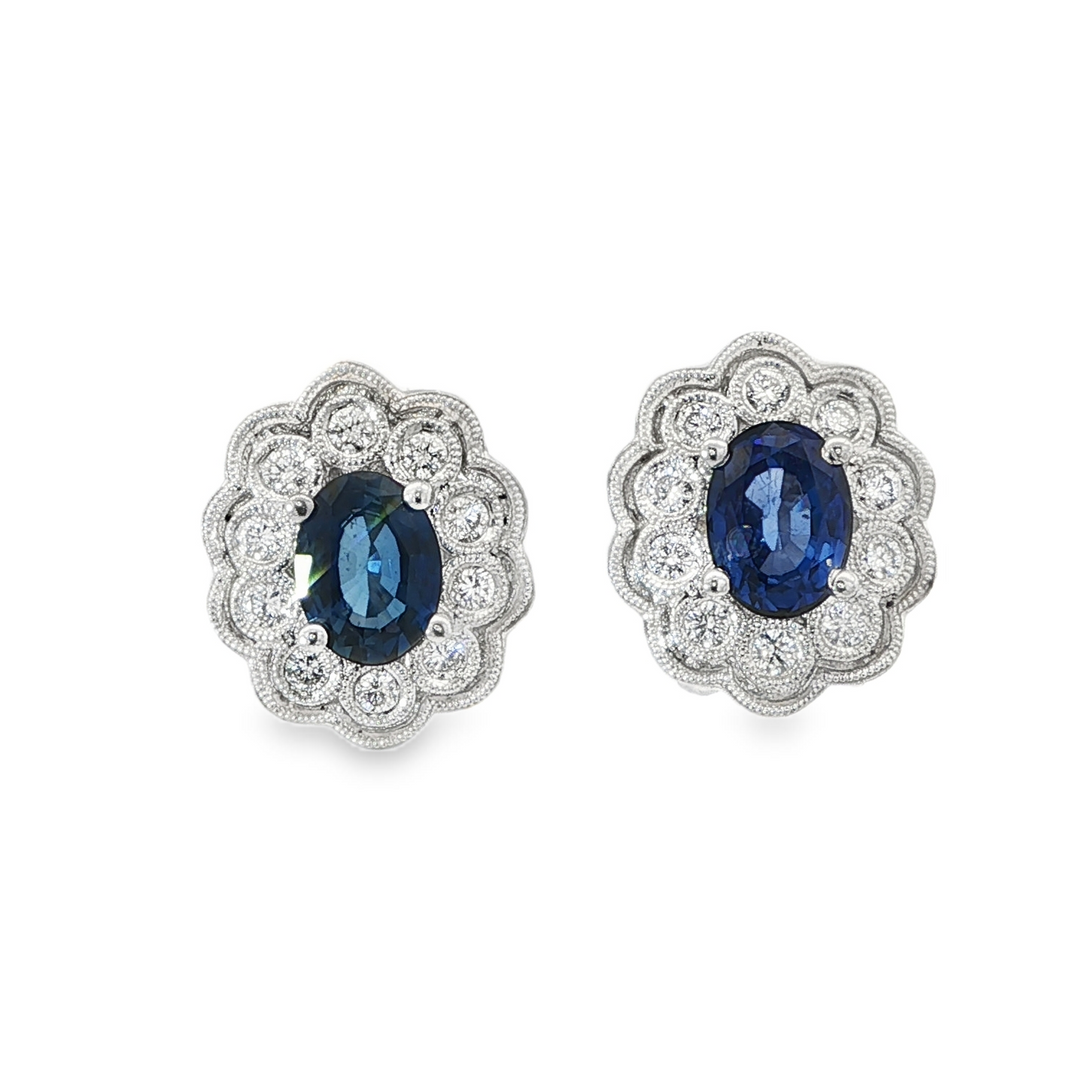 Oval Blue Sapphire Earrings With Scalloped Diamond Halo and Milgrain Detailing