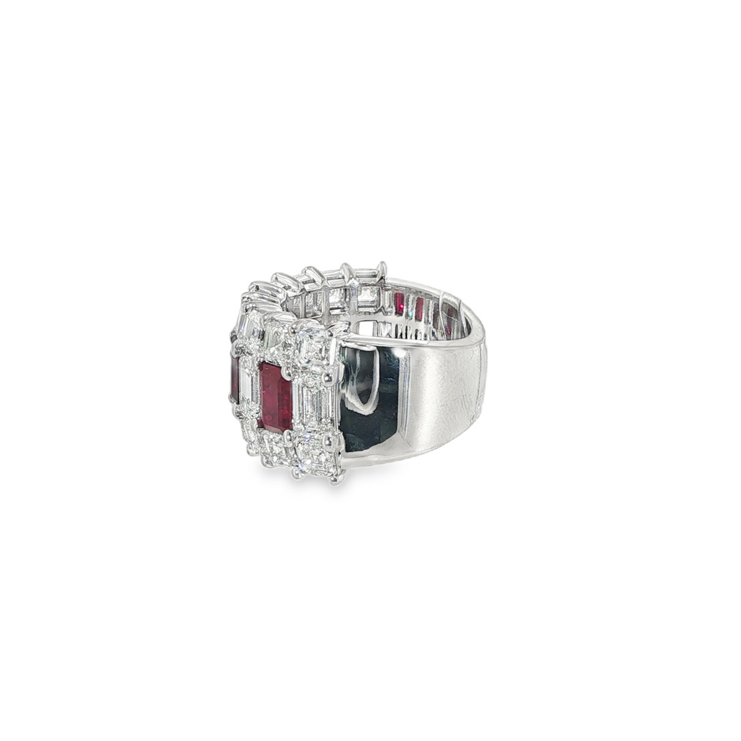 White Gold Ring With Emerald Cut Diamonds, Emerald Cut Rubies, And Asscher Cut Diamonds - Size 7