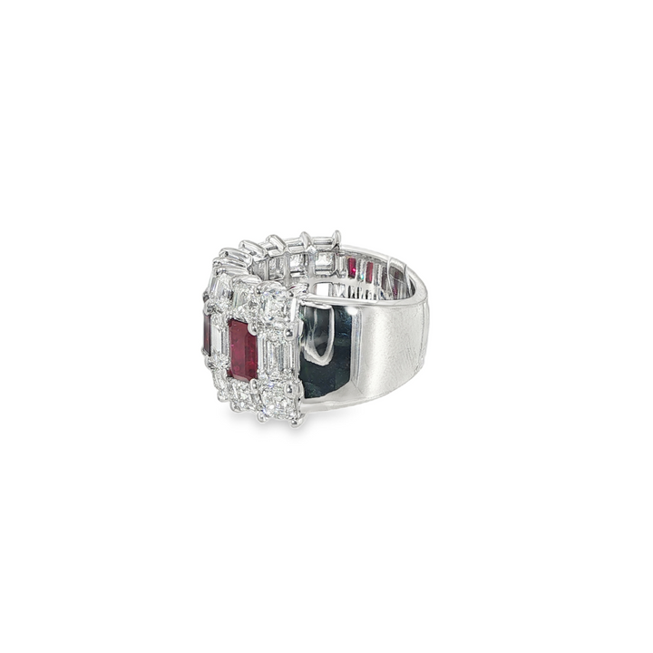 White Gold Ring With Emerald Cut Diamonds, Emerald Cut Rubies, And Asscher Cut Diamonds - Size 7