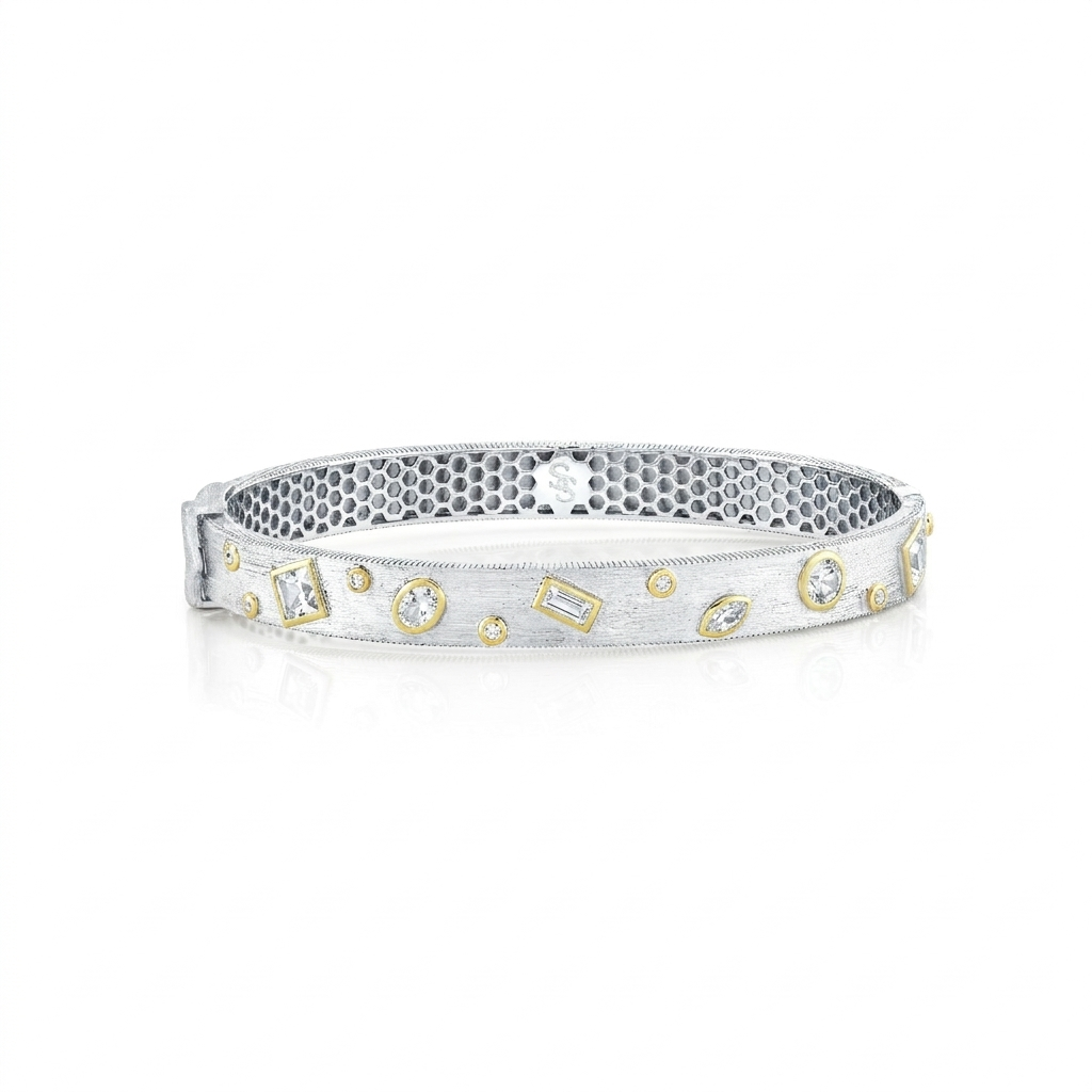 Sterling Silver Gypsy Set Bracelet With Mix Shape White Topaz And Diamond Accents - 6.5"