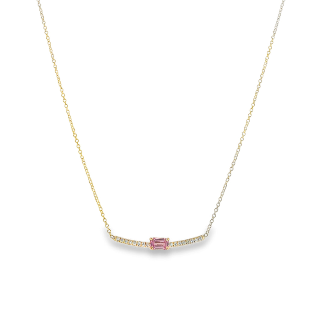 14K Yellow Gold Curved Bar Necklace With Center Pink Sapphire