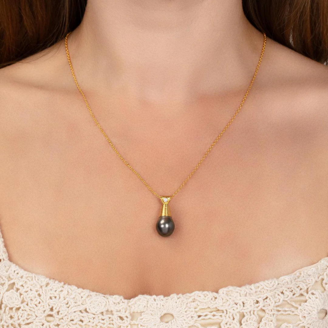 Drop Cabochon Tahitian Pearl Pendant Necklace - 16"