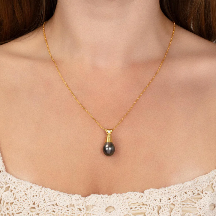 Drop Cabochon Tahitian Pearl Pendant Necklace - 16"