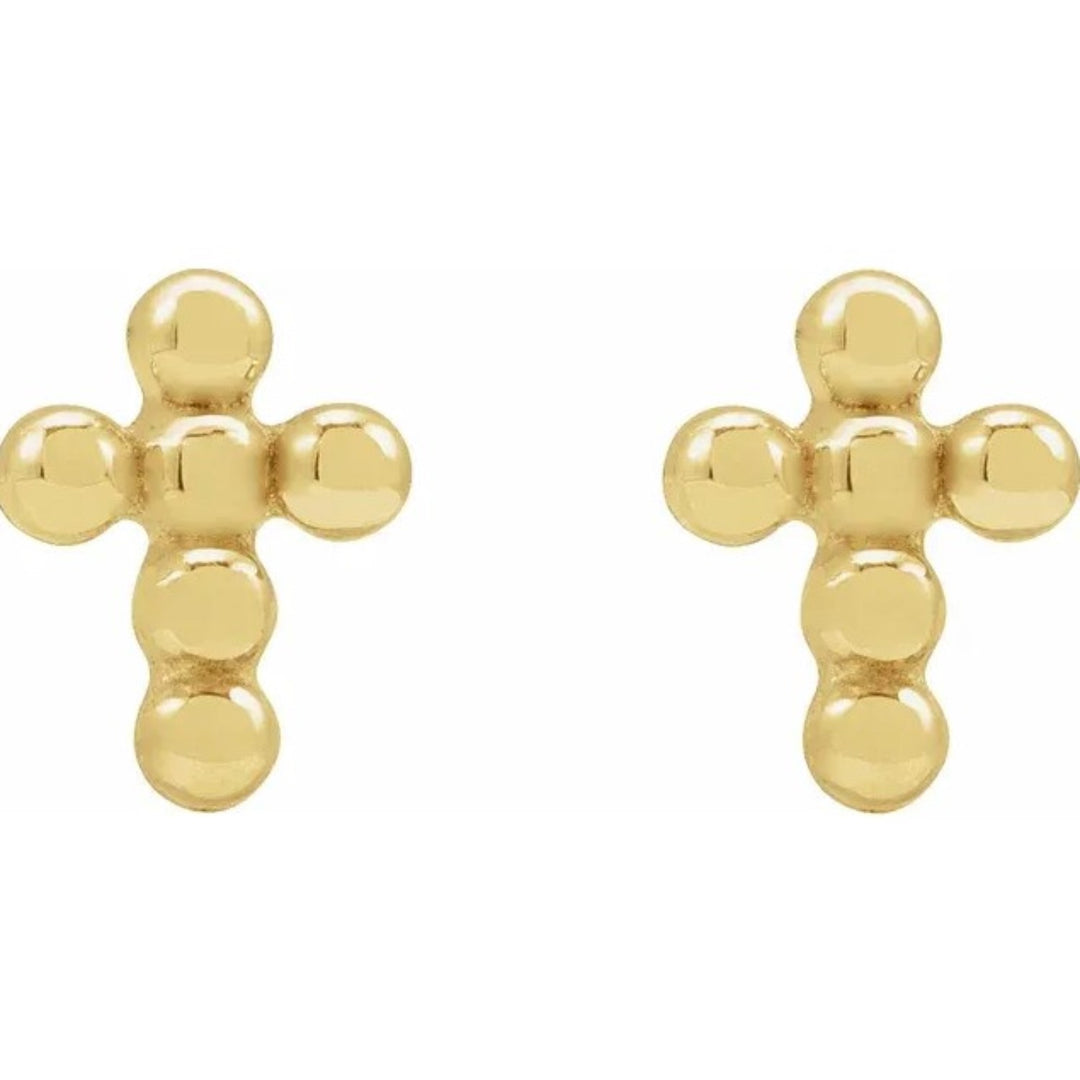 14K Yellow Gold Beaded Cross Stud Earrings