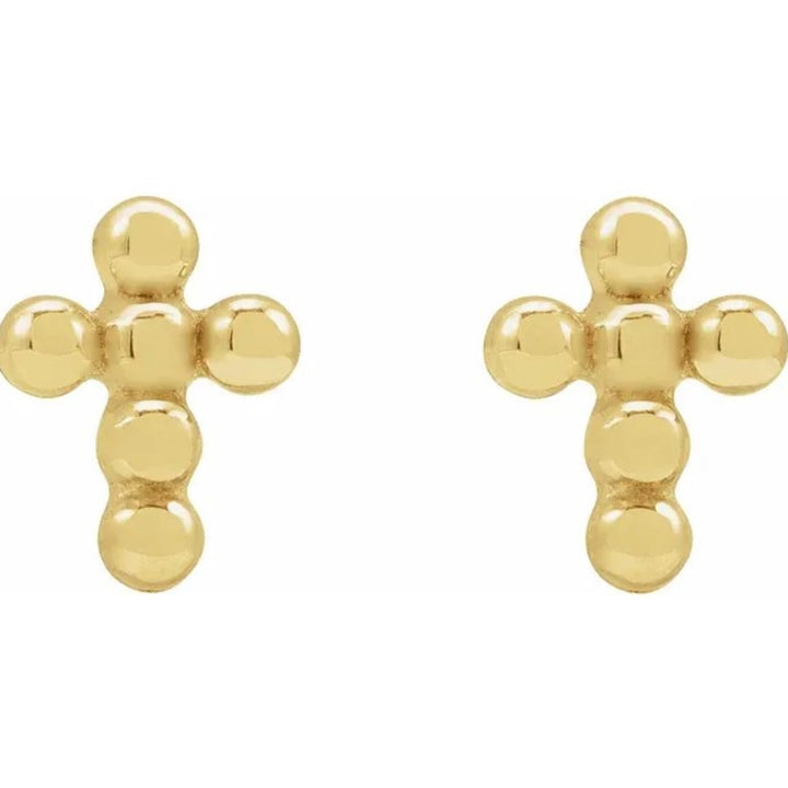14K Yellow Gold Beaded Cross Stud Earrings