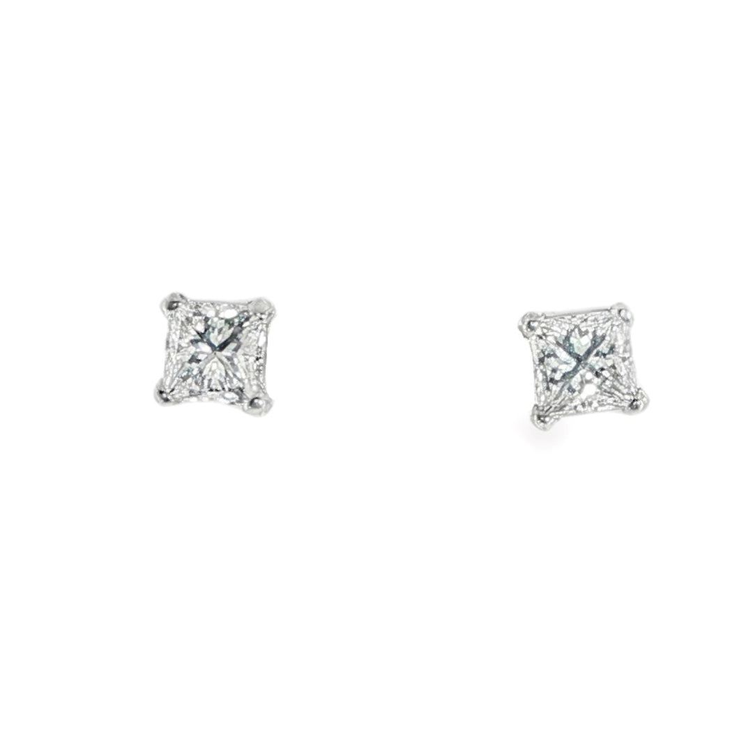 14K White Gold 4 Prong Princess Cut Diamond Studs Weighing 1.00cts