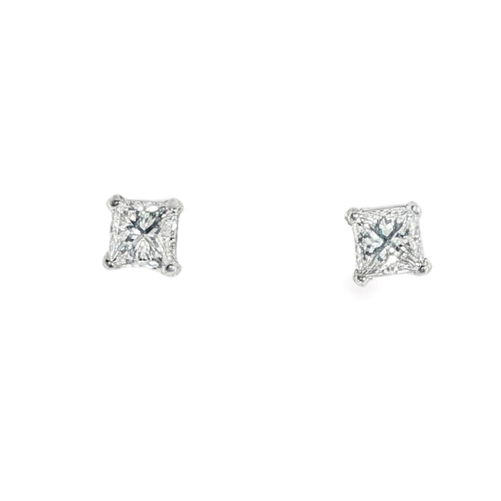 14K White Gold 4 Prong Princess Cut Diamond Studs Weighing 1.00cts