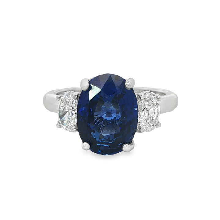 18K White Gold Ring With GIA Certified Oval Blue Sapphire And GIA Oval Diamonds